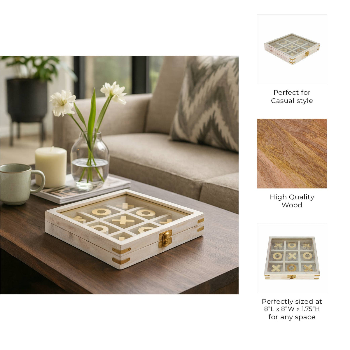 Wooden tic-tac-toe game set on a coffee table with decorative elements.