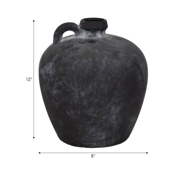 Black ceramic vase with dimensions indicated on a white background