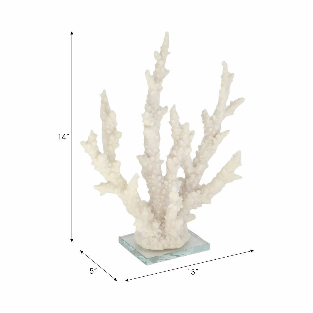Decorative white coral branch on a square base with measurements indicated.