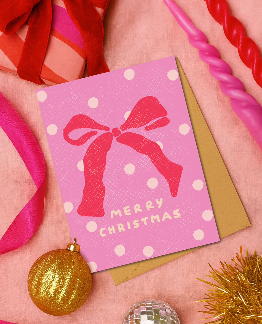 Cute Christmas Card | Red Bow | Pink Holiday Card | Ribbon