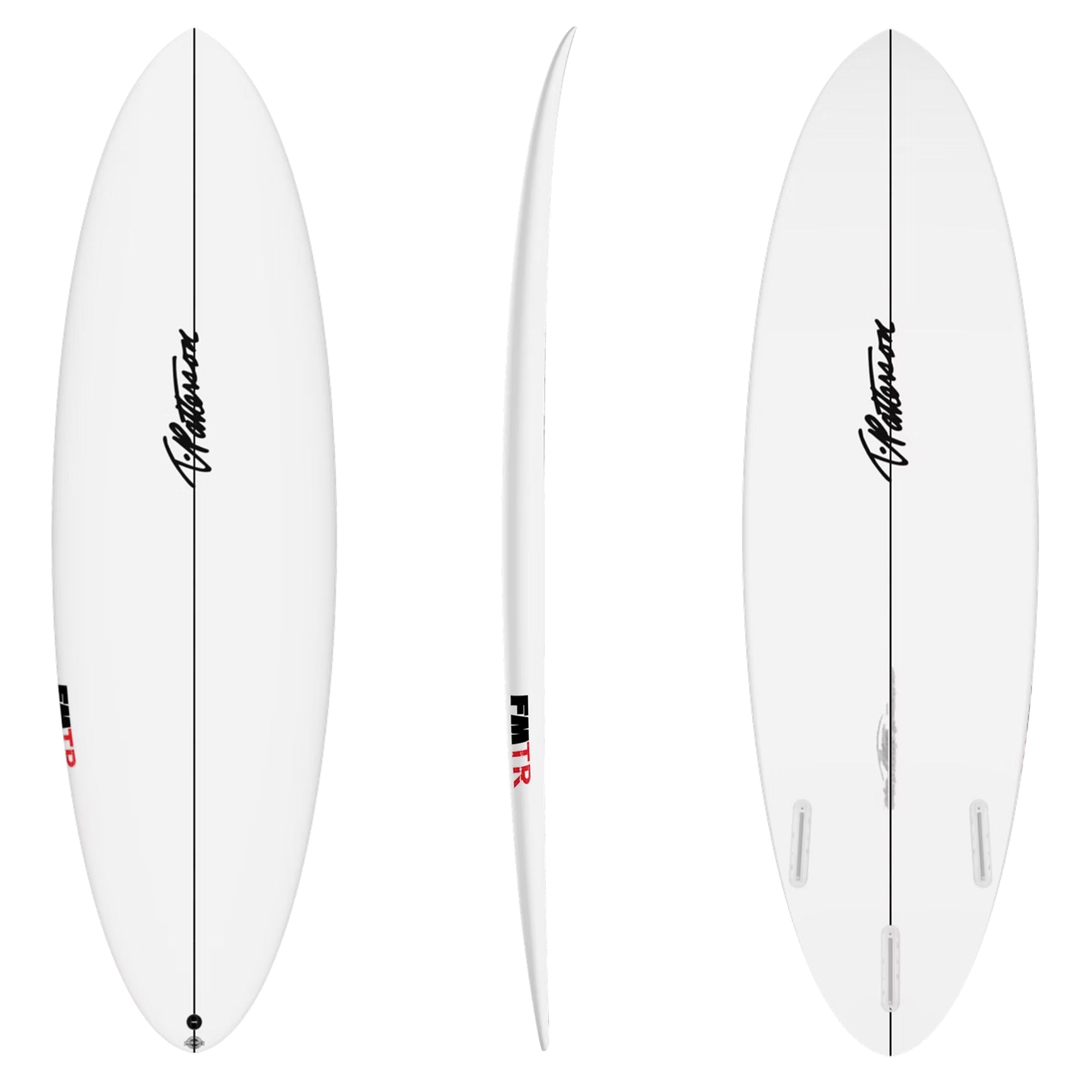 Three views of a white surfboard with branding on a white background