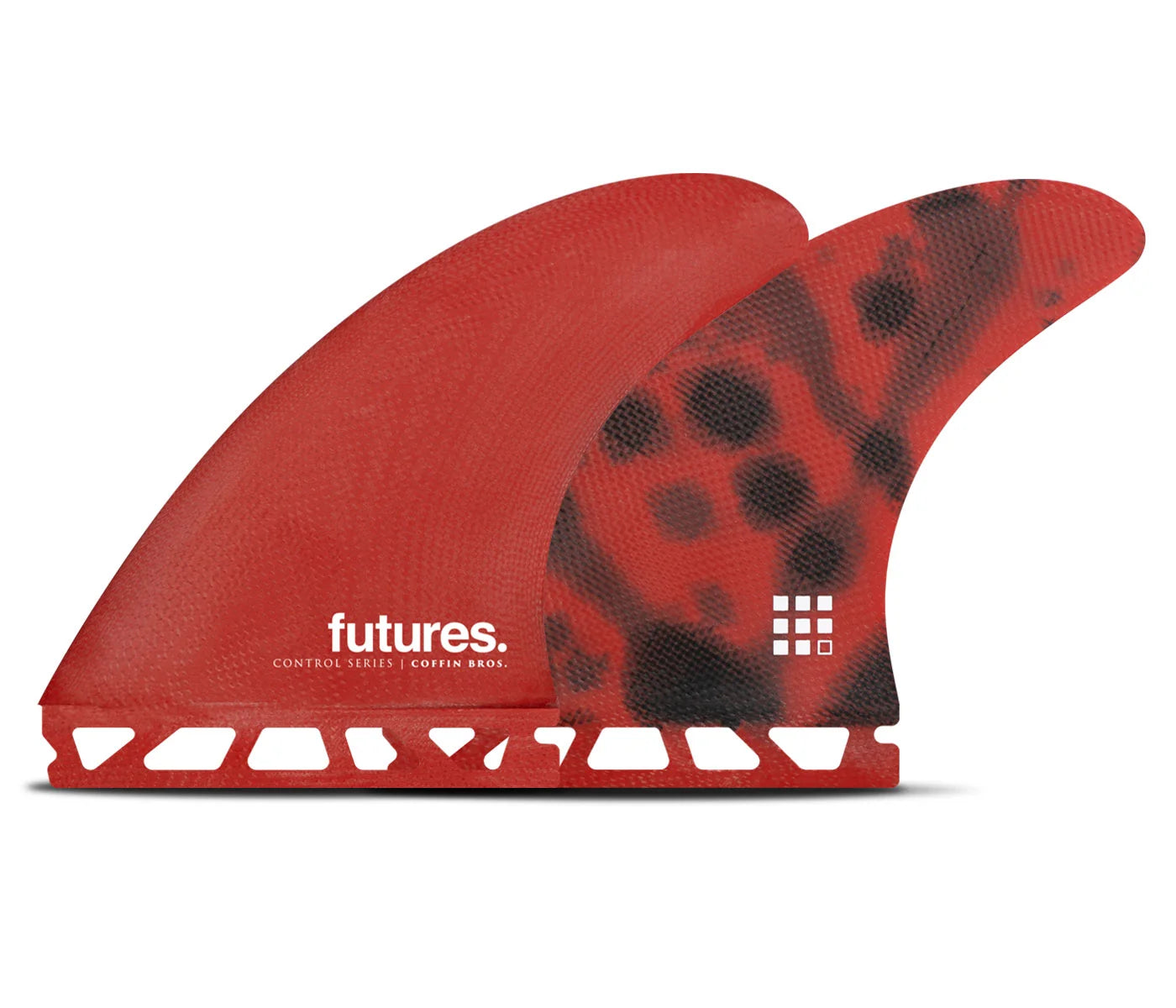 Red and black Futures Coffin Bros. Control Series Fiberglass Thruster Fin Set (Medium)