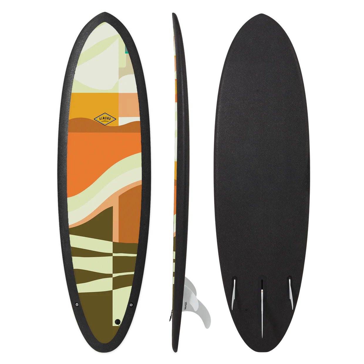 Surfboard with a colorful design on one side and black on the other, on a white background.
