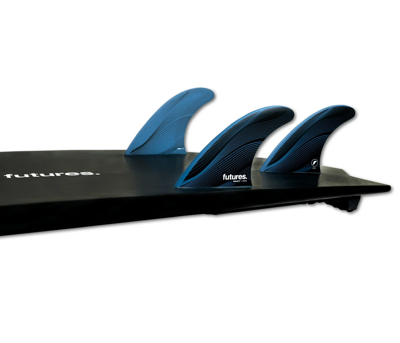 Black surfboard with R8 Legacy Series Honeycomb Thruster Fin Set (Blue / Large)