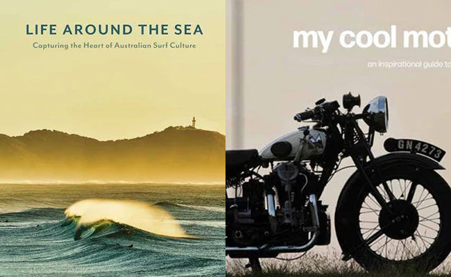 Two book covers: one with a coastal scene and the other with a motorcycle, titled 'Life Around the Sea' and 'My Cool Motor'.