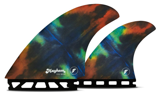 Colorful surfboard fins with Mayhem logo on a white background