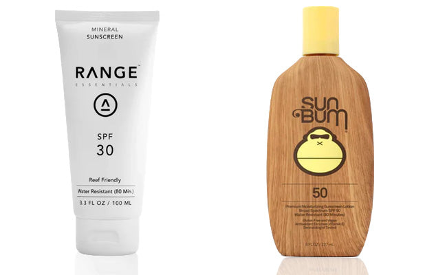 Two sunscreen products: a tube labeled 'Range' and a bottle labeled 'Sun Bum' on a white background.