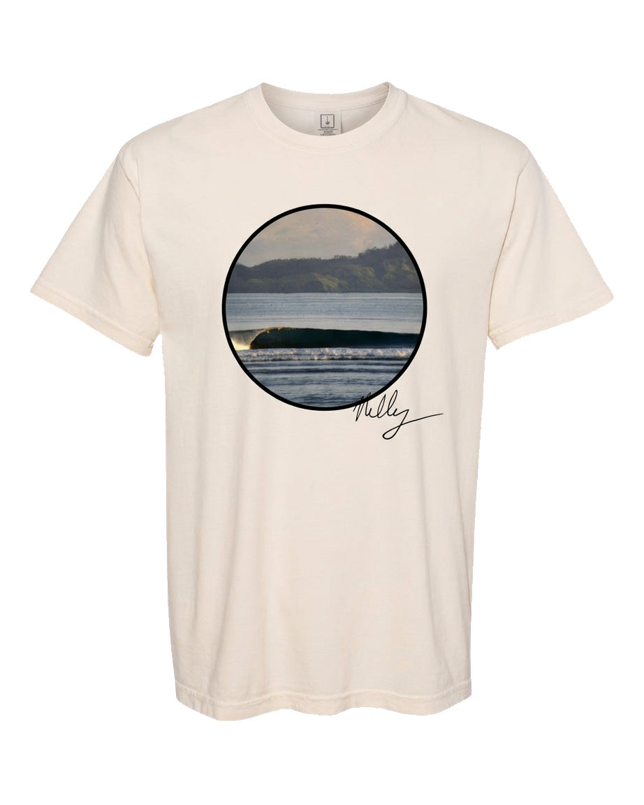 Off-white crewneck graphic t-shirt featuring a circular coastal photo print on the chest and Dave Nelly Nelson's signature.