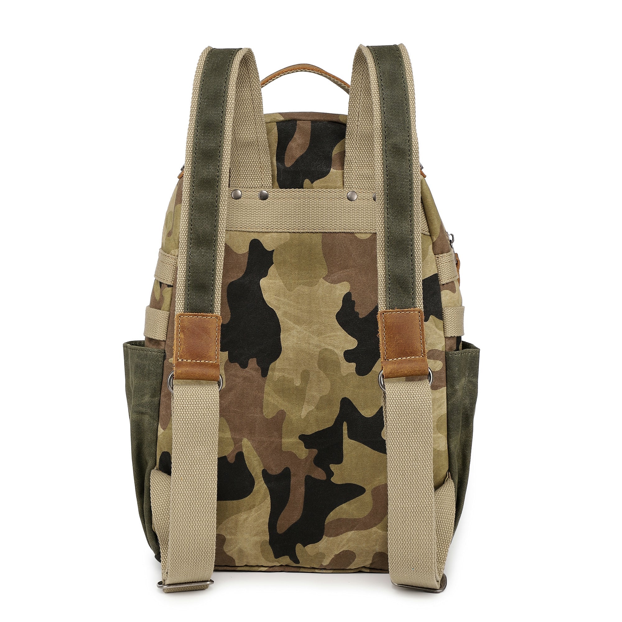 Mountain Leaf Utility Backpack in olive camo, back view showing shoulder straps