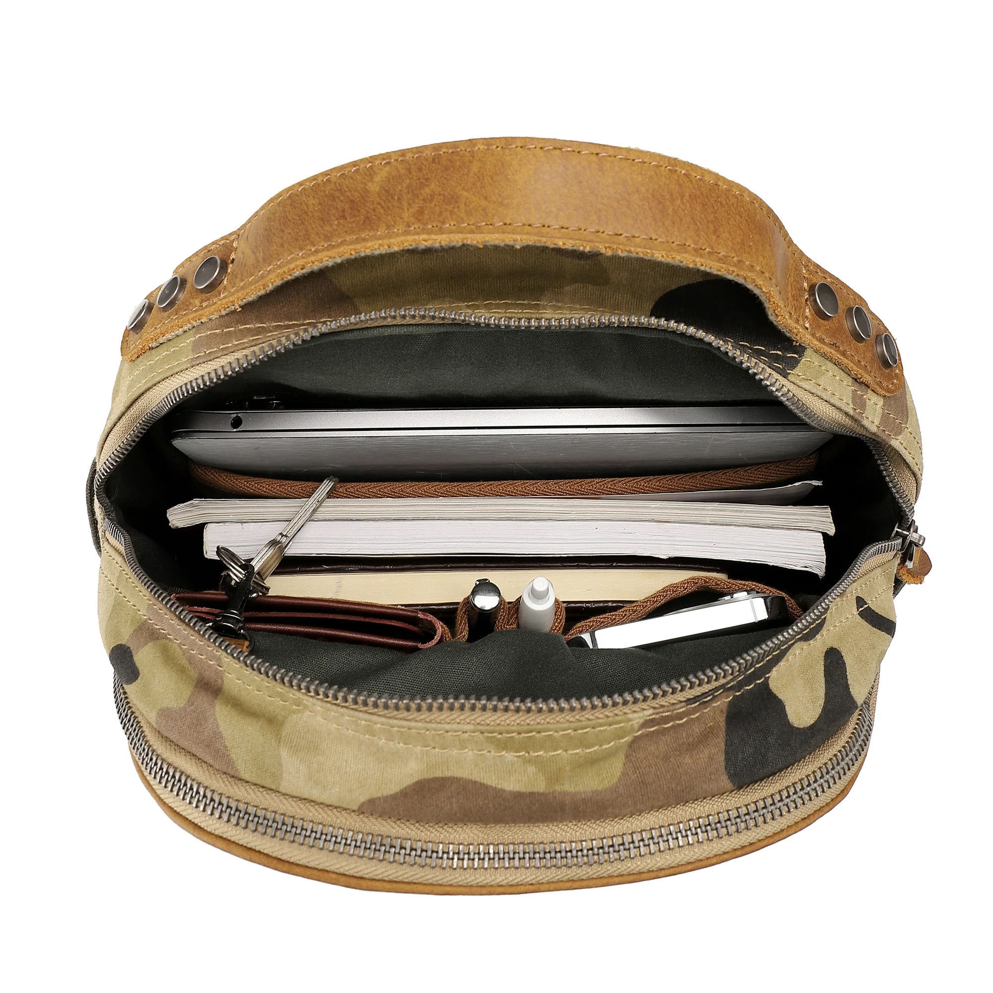 Mountain Leaf Utility Backpack open top view showing laptop and interior storage space