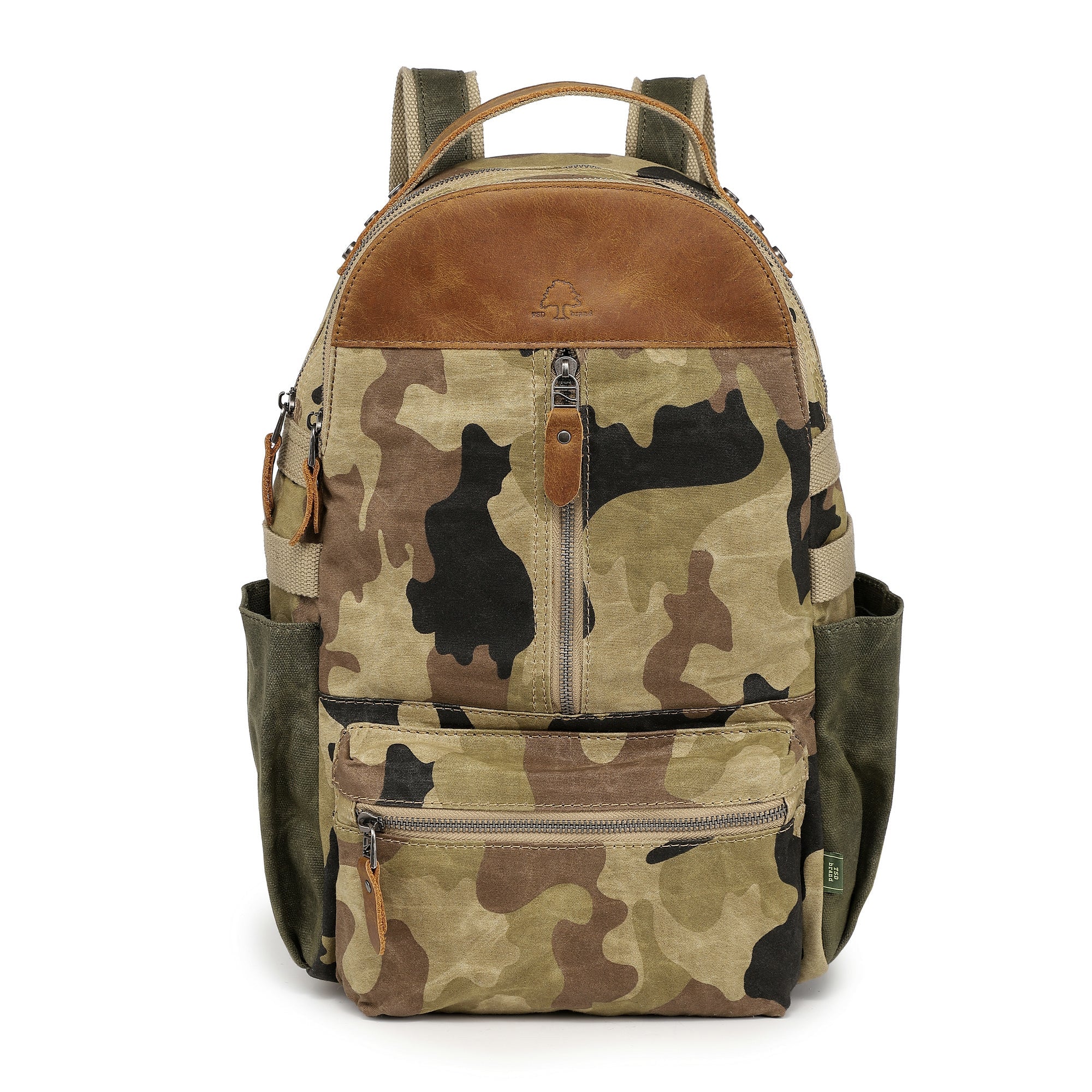 Mountain Leaf Utility Backpack in army green camo, front view