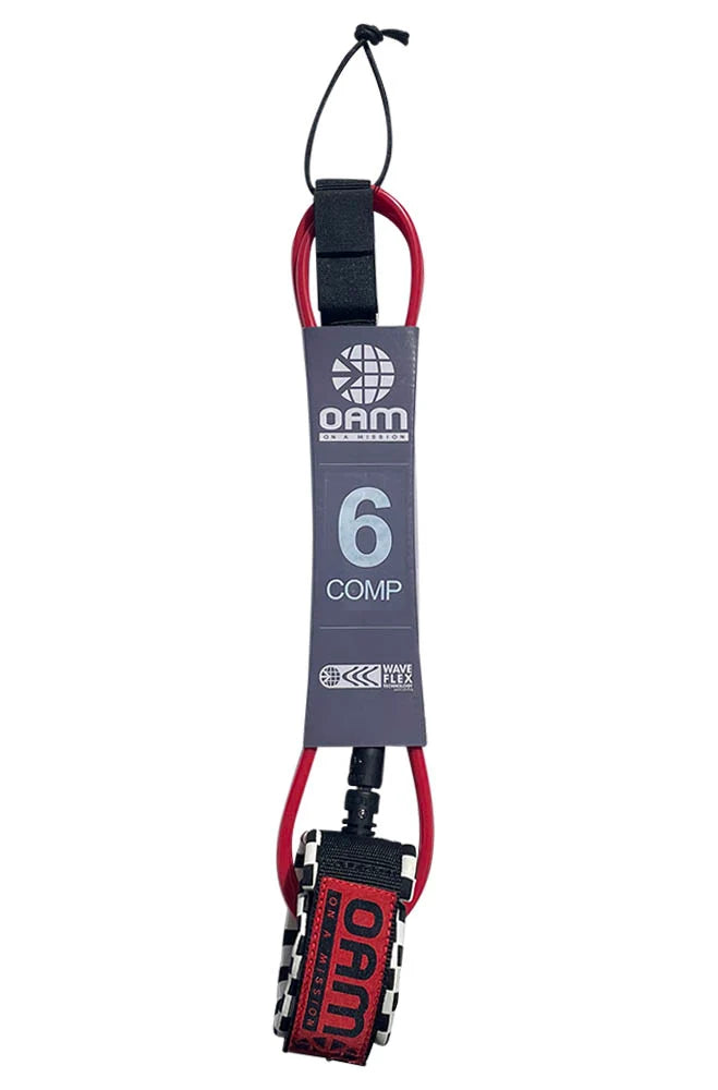 Red and black surfboard leash with OAM branding on a white background
