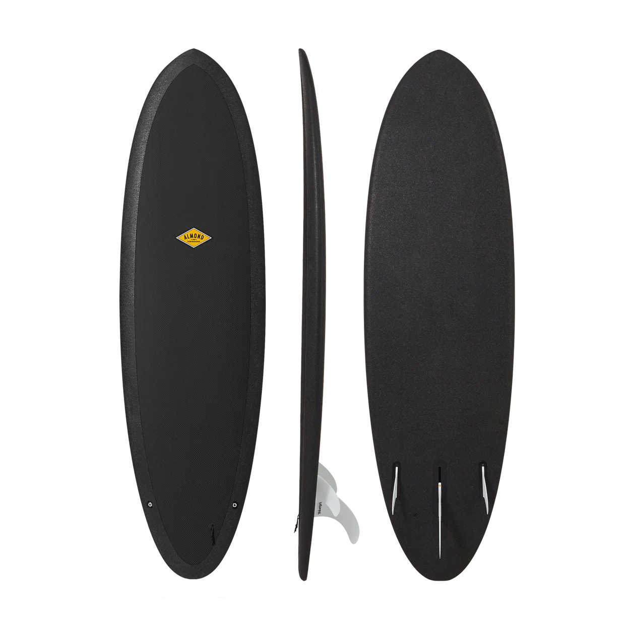 Black surfboard with a logo on a white background