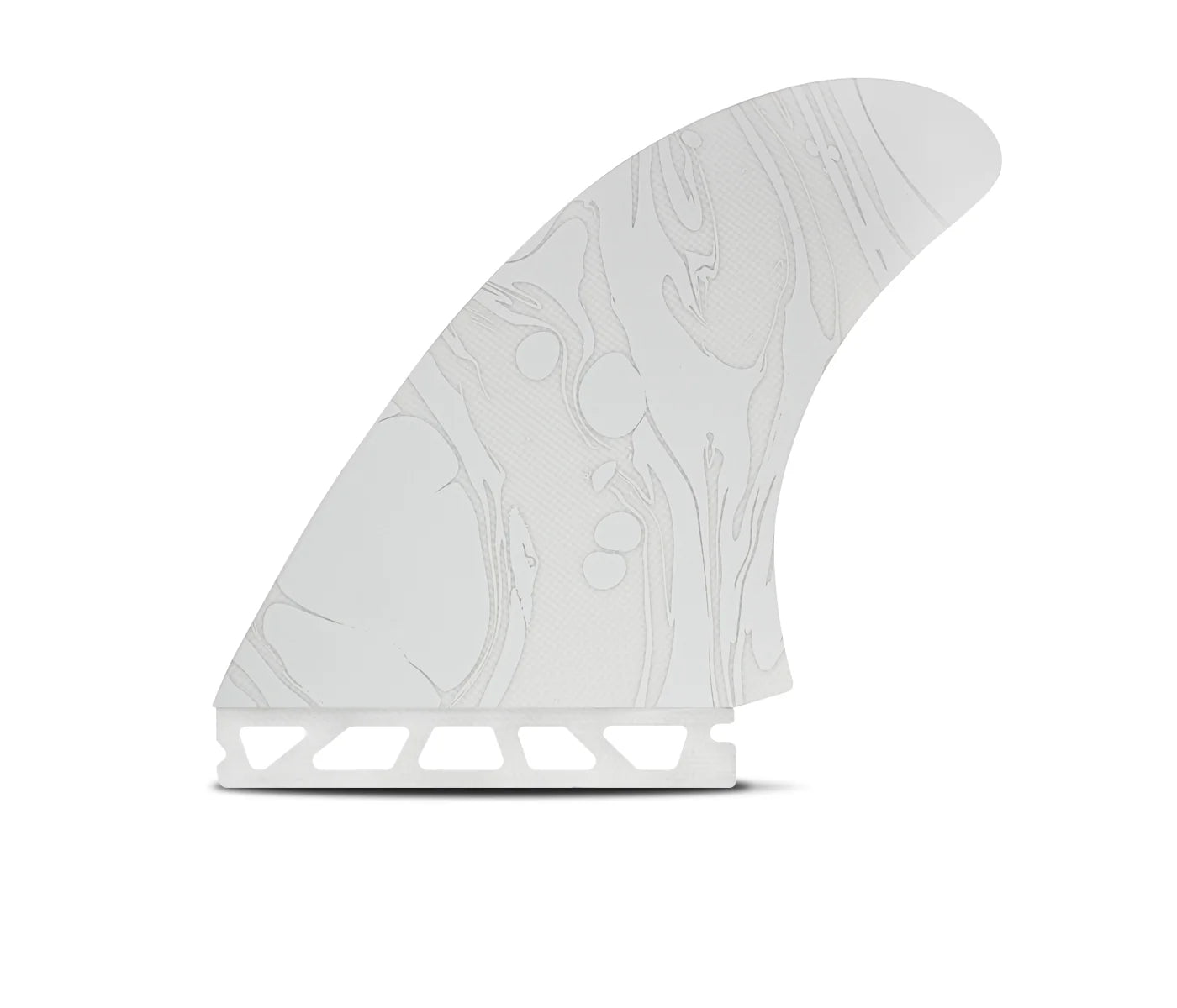 Futures Son Of Cobra Fiberglass Twin Fin Set with decorative patterns on a white background