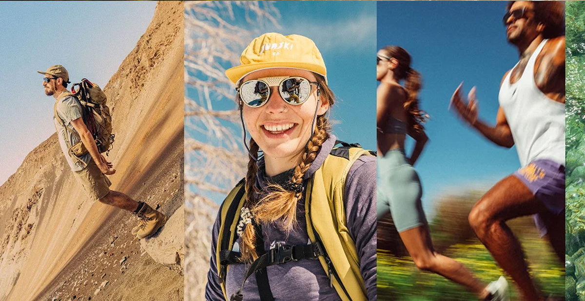 A three-panel collage showing outdoor activewear in use: a hiker on a sandy slope, a smiling woman wearing a yellow cap and backpack in a selfie-style shot, and two runners jogging outdoors.