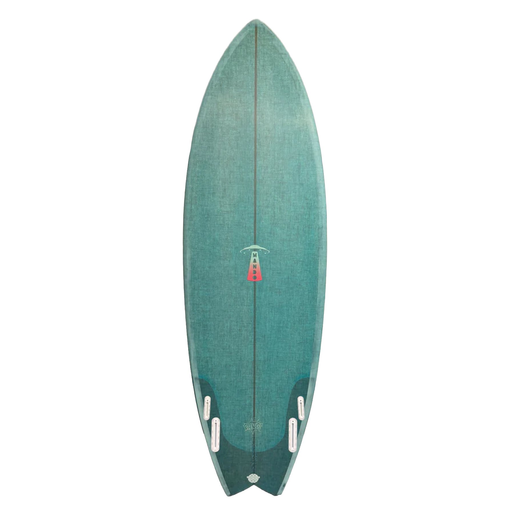 Green surfboard with a red logo on a white background