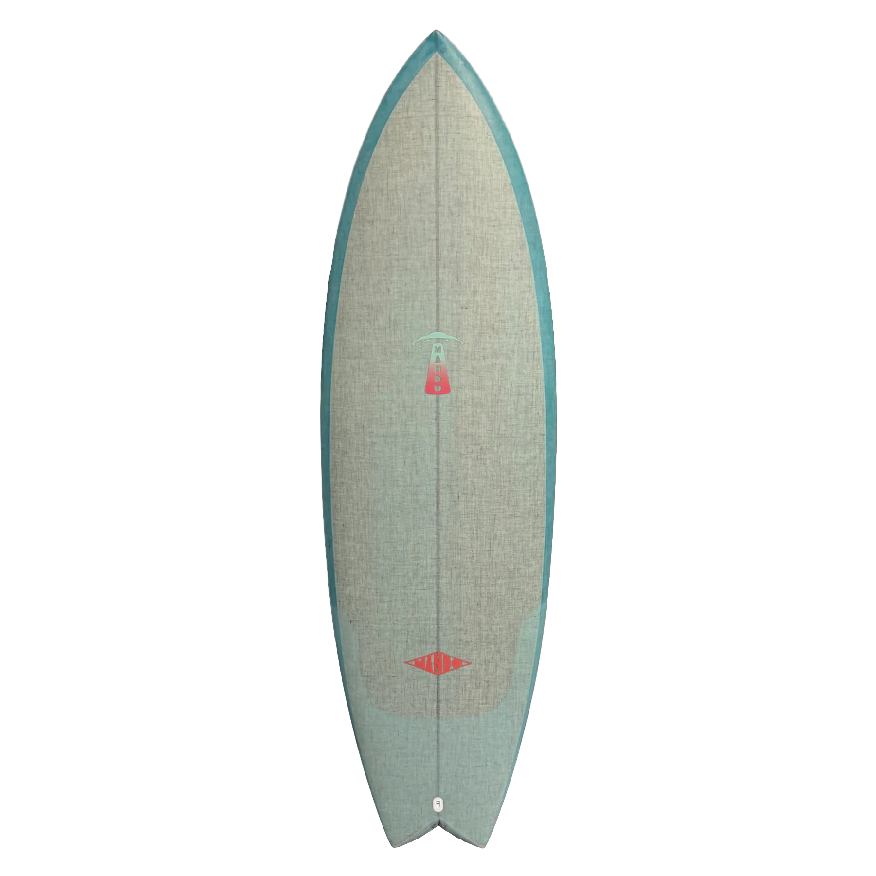 Surfboard with a green rim and red logo on a white background