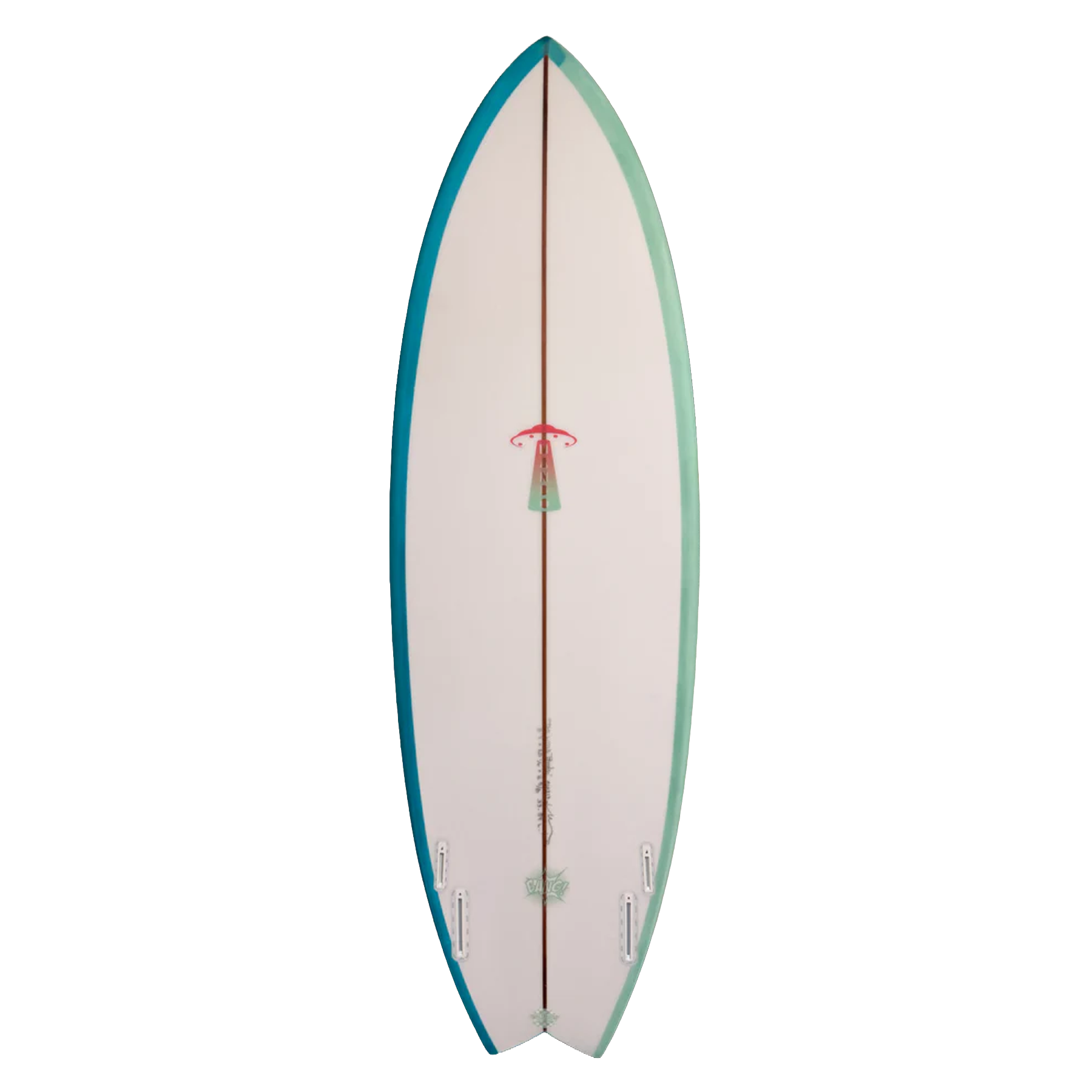 Surfboard with a white deck and teal edges on a white background