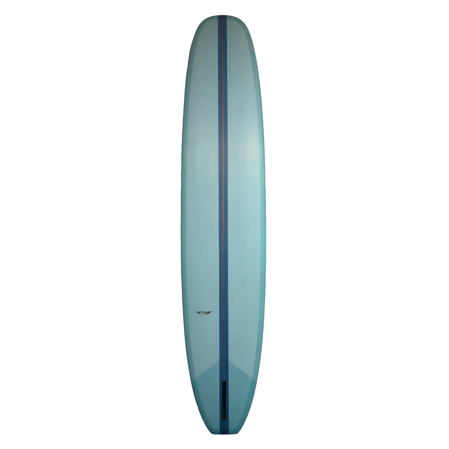 Blue surfboard with a black stripe on a white background
