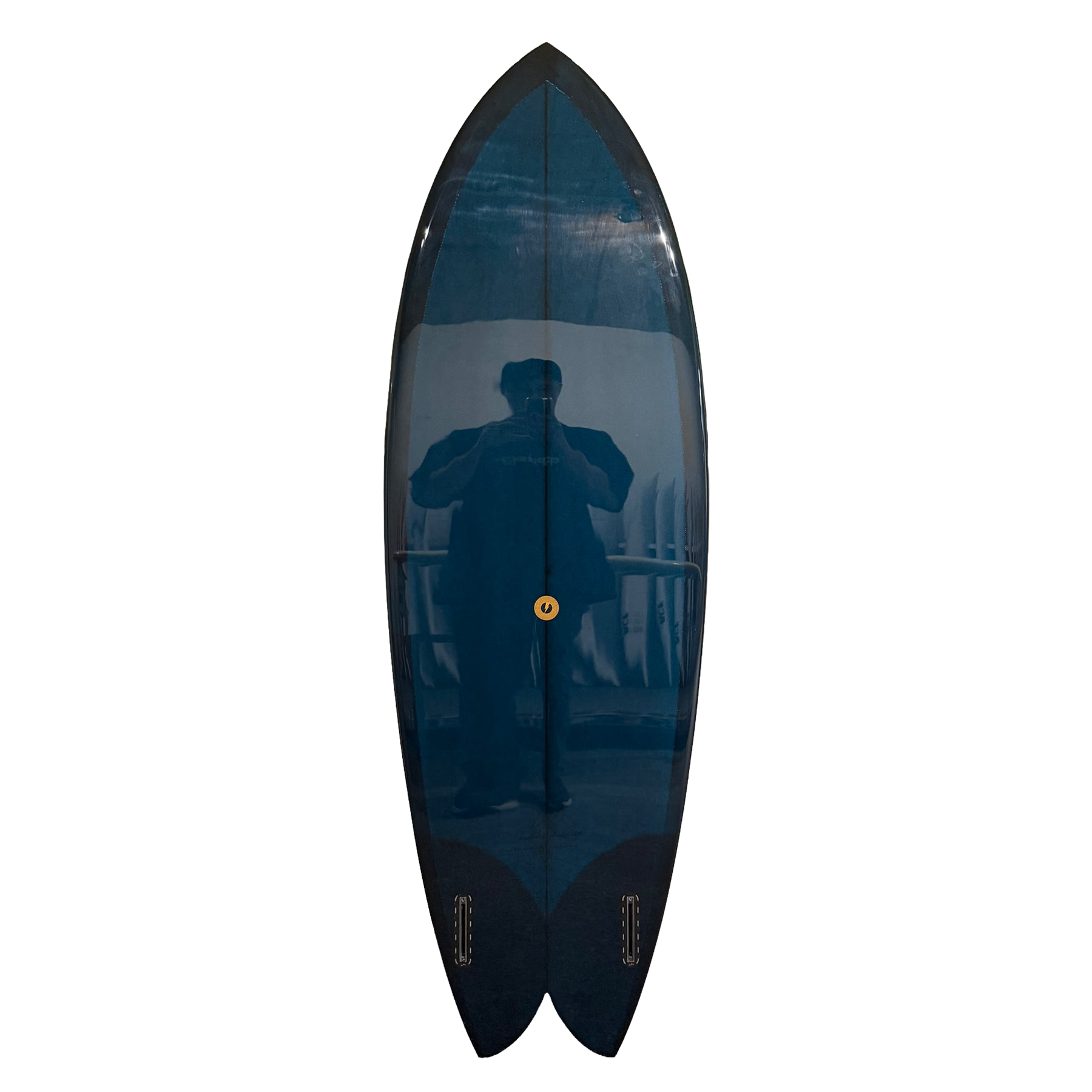 Blue and black surfboard with a person's reflection on a white background