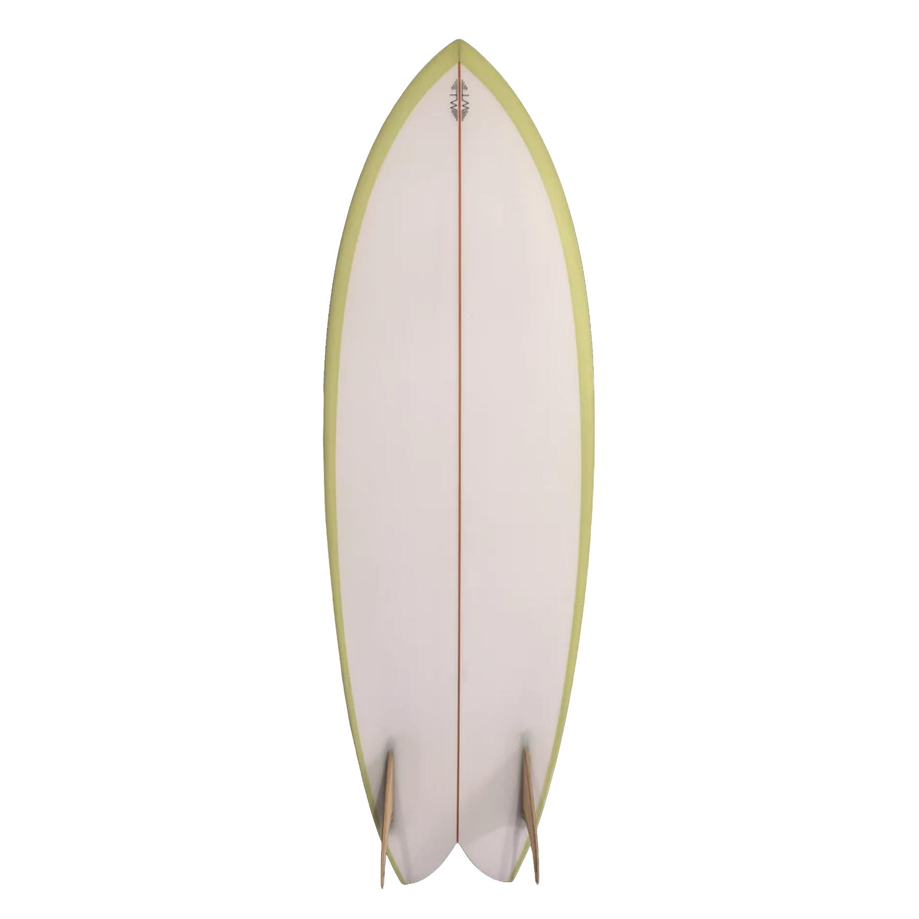 Surfboard with a white deck and green rim on a white background