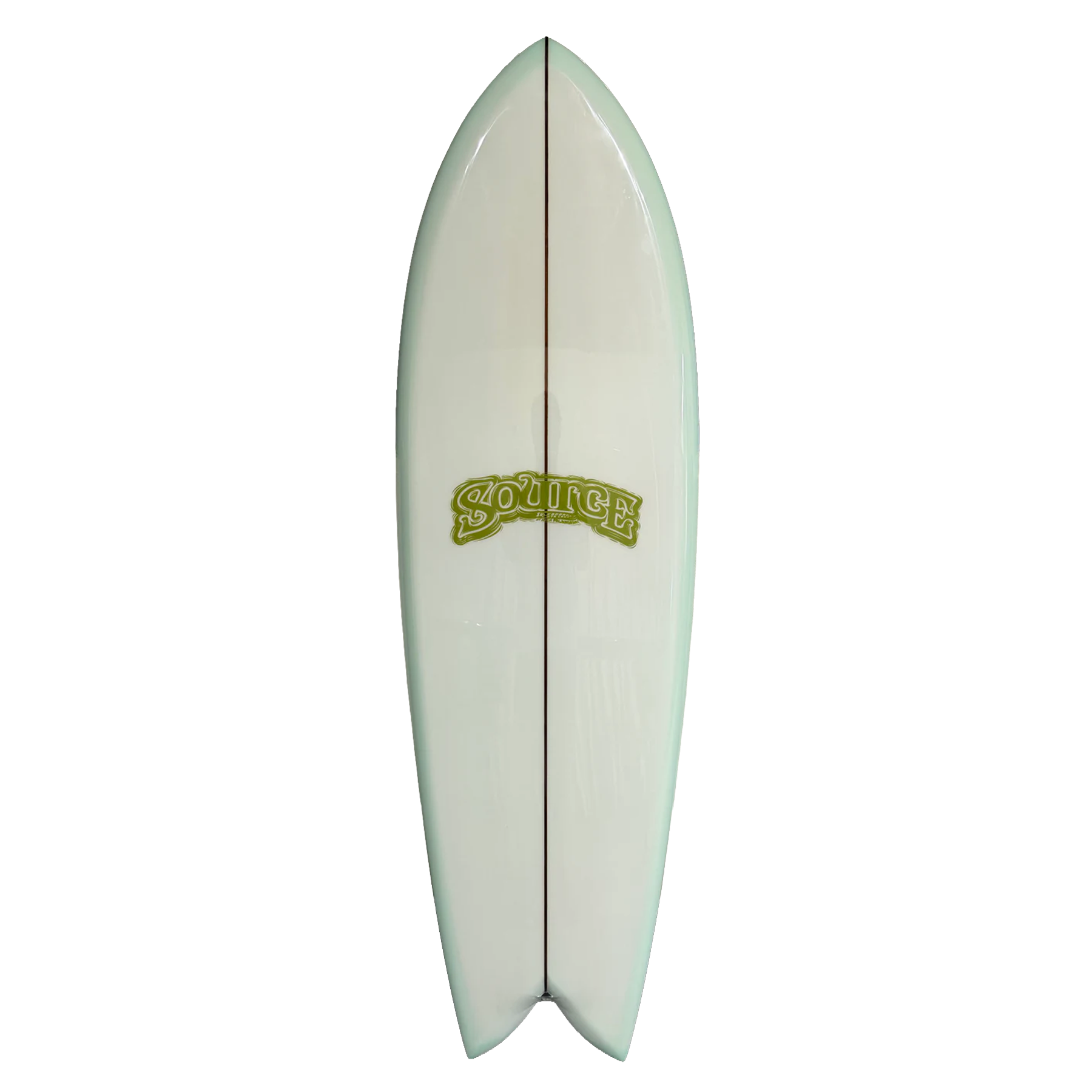 White surfboard with a logo on a white background