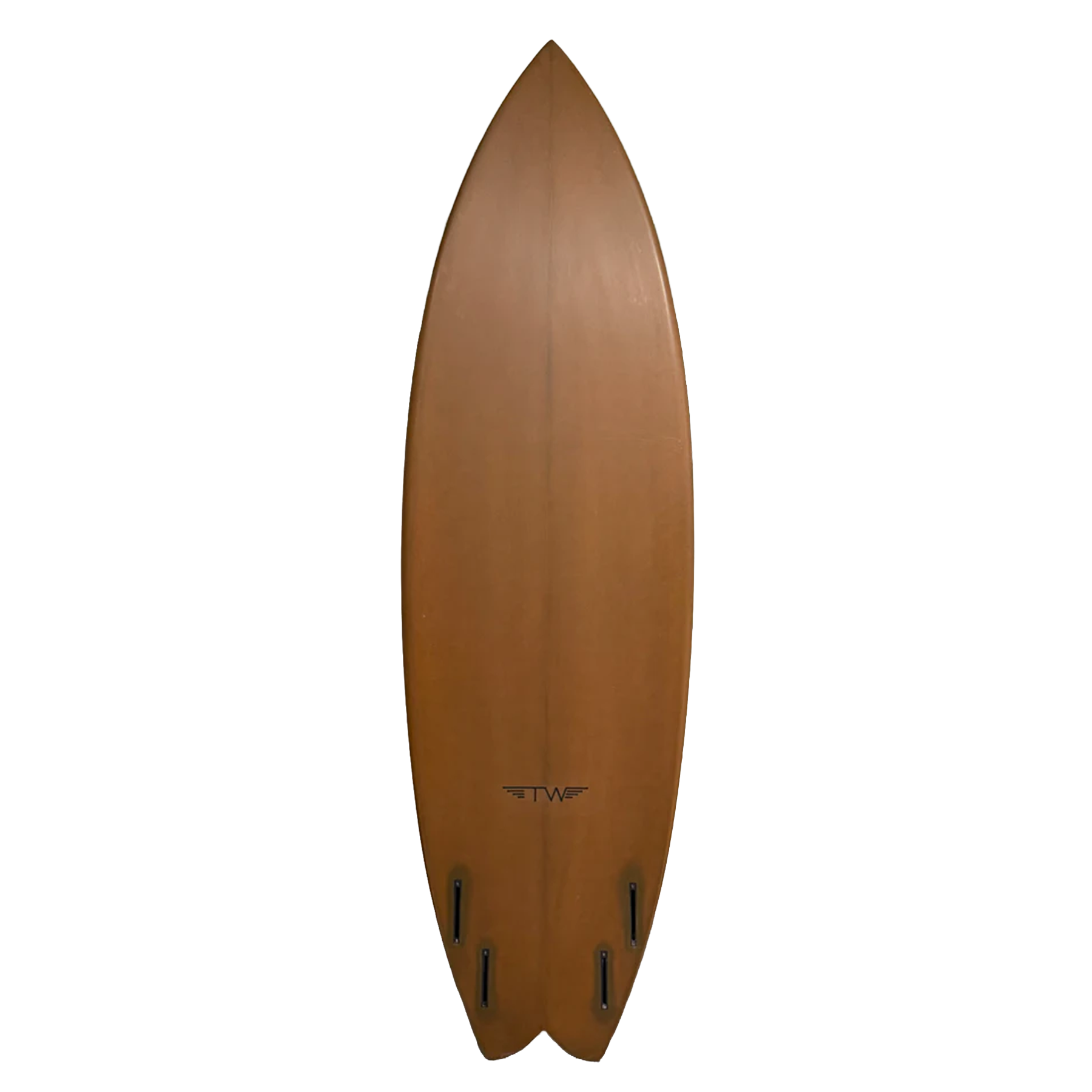 Brown surfboard with a logo on a white background