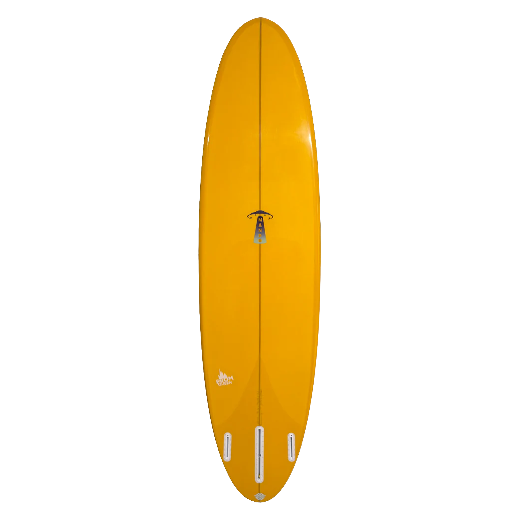 Yellow surfboard with a logo on a white background