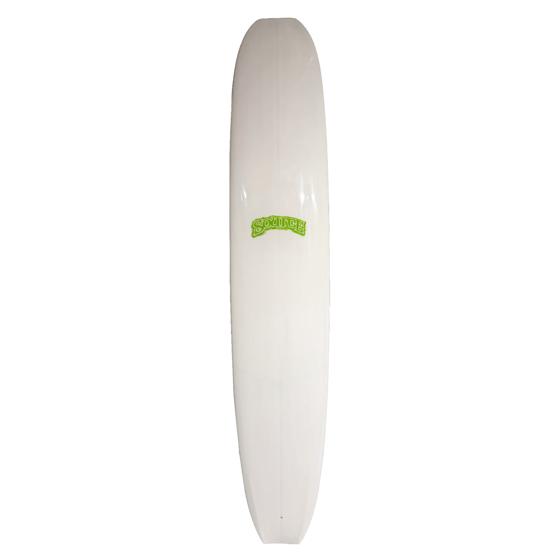 White surfboard with a green logo on a white background