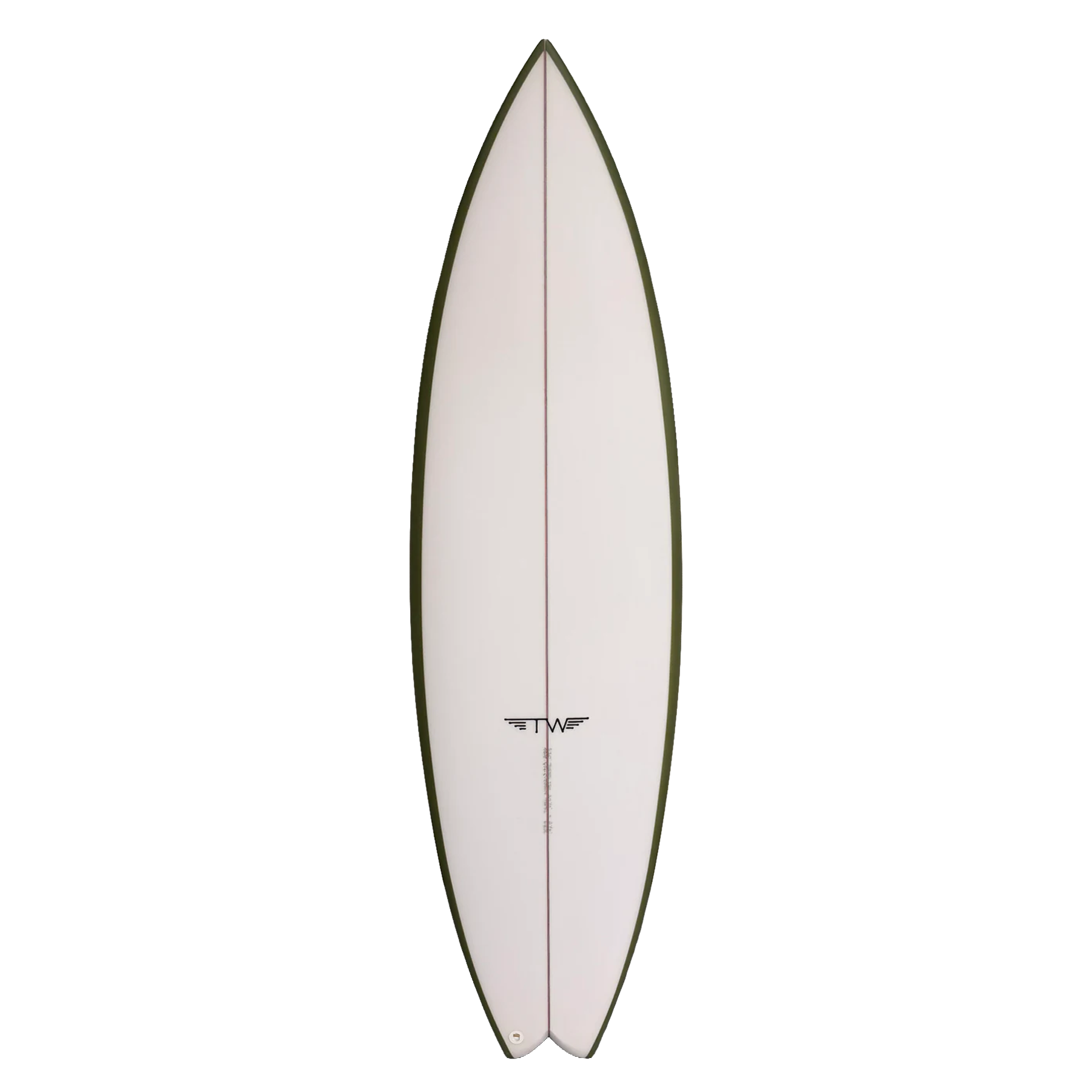 Surfboard with a white deck and dark rails on a white background