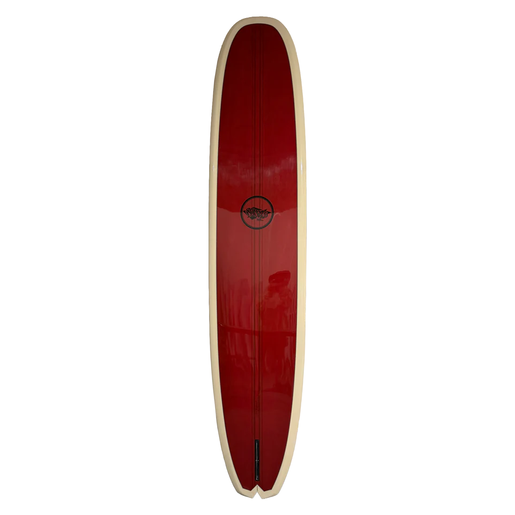 Red surfboard with a logo on a white background