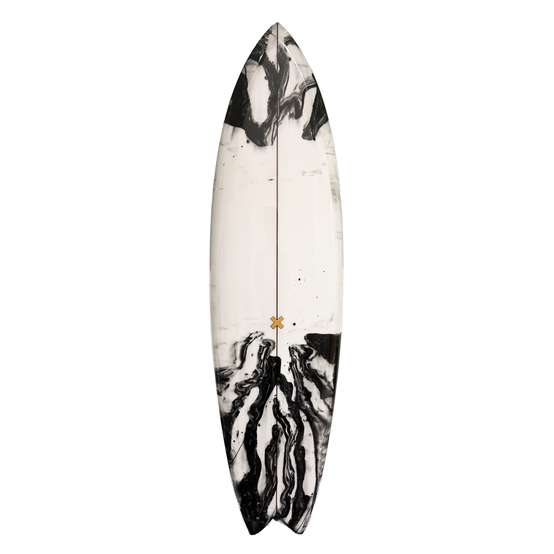 Marbled black and white surfboard on a white background